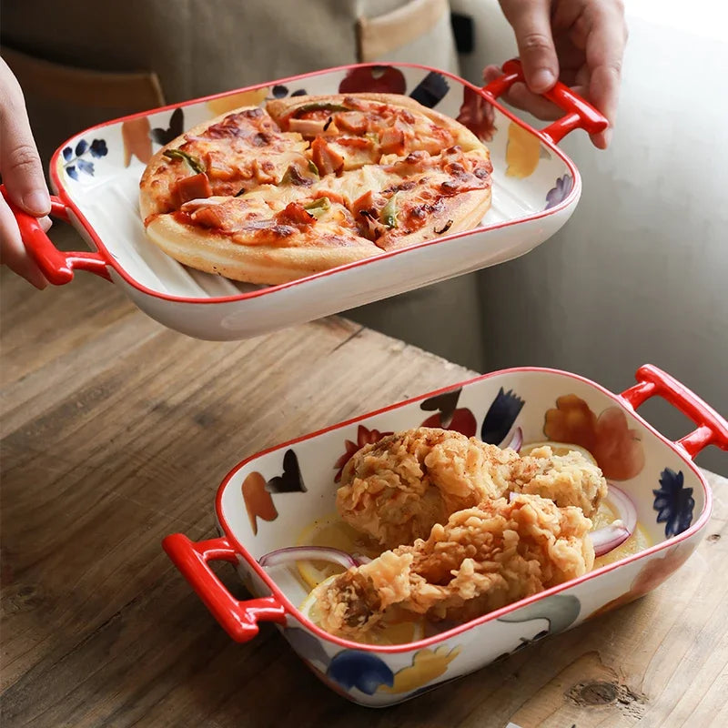Ceramic Double-Ear Baking Dish – Floral Rectangular Oven Plate