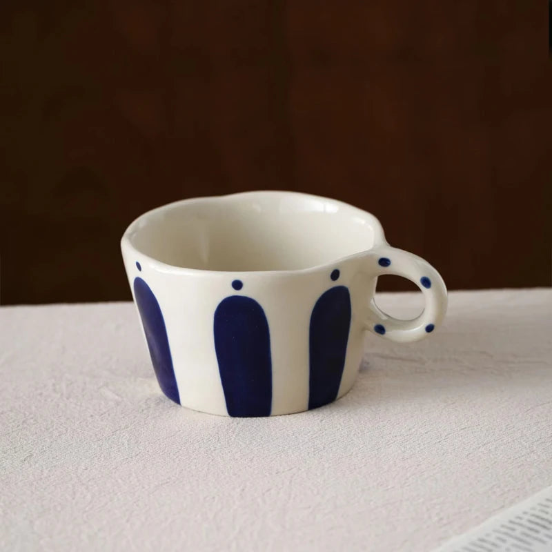 Striped Ceramic Coffee Mug – Vintage Handgrip Latte &amp; Tea Cup (Single Piece)