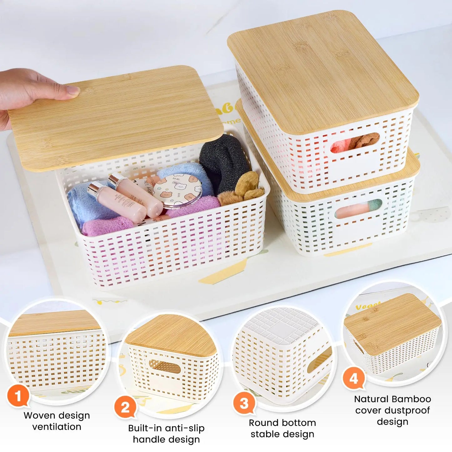 Stackable Plastic Storage Bins with Bamboo Lids