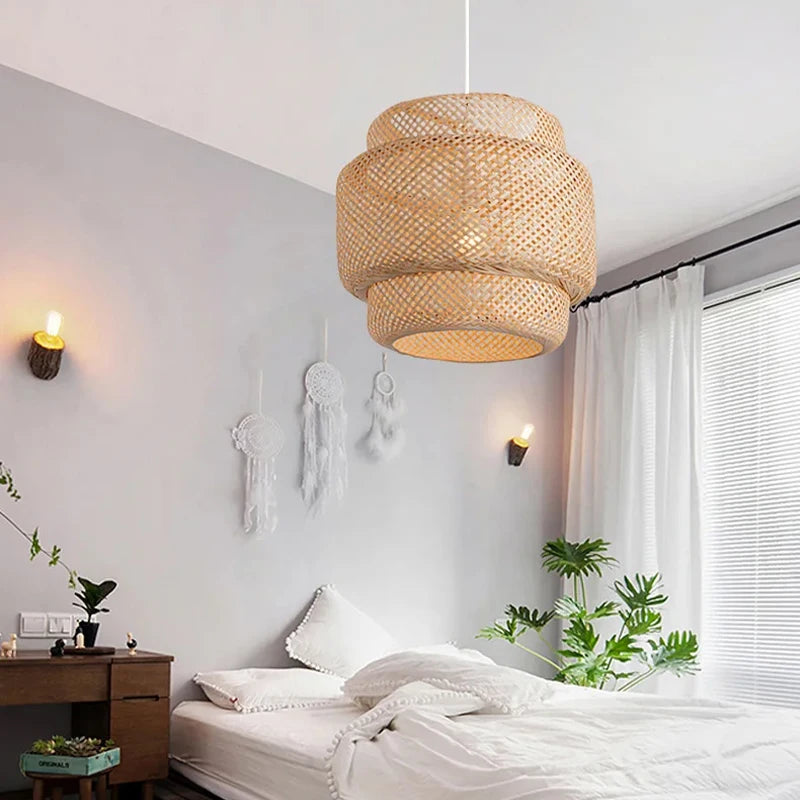11.8” Handwoven Bamboo Pendant Light – Vintage Ceiling Lamp