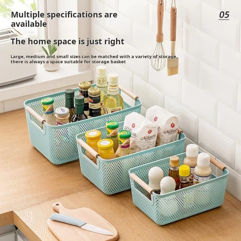 Multi-Functional Hollow Storage Basket with Wooden Handle