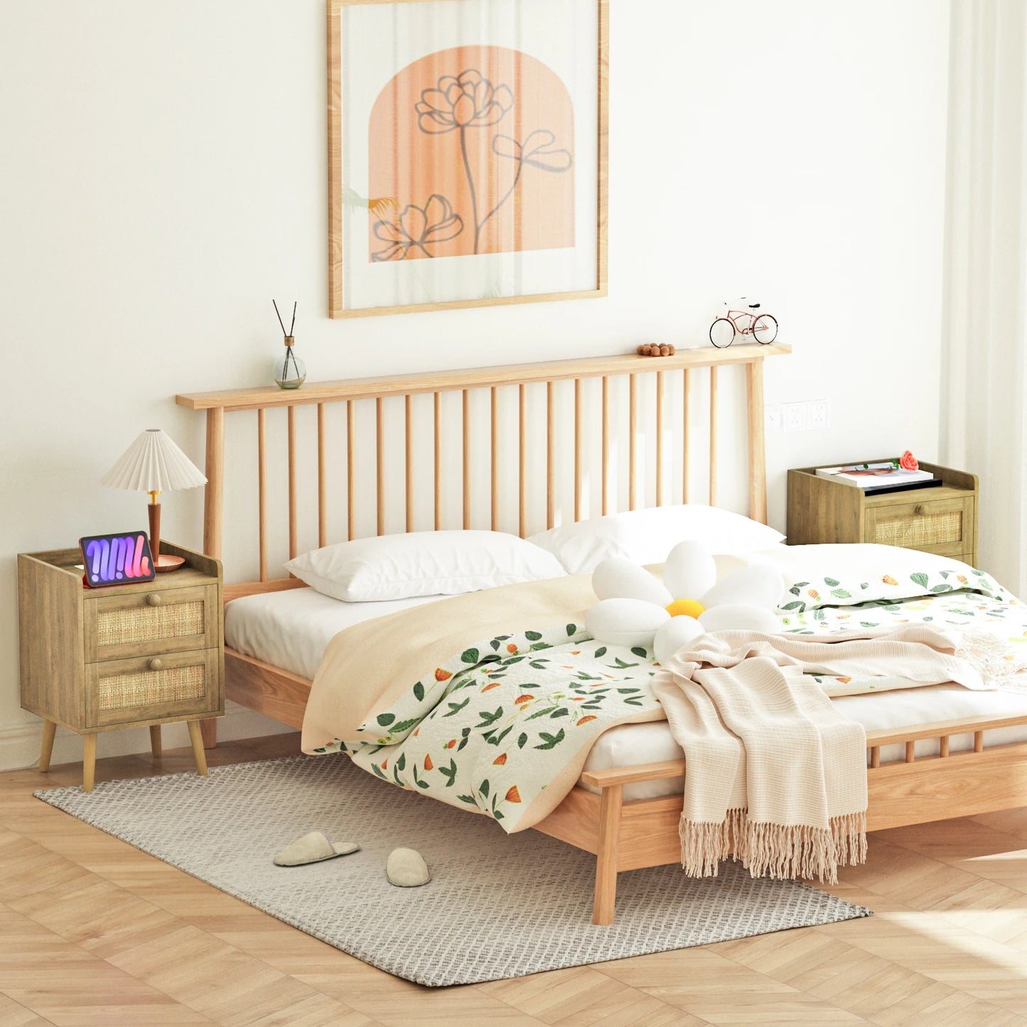 Boho Rattan Nightstand with Charging Station – Modern Countryside Style