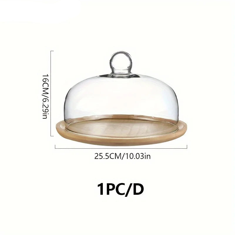 Bamboo Cake Stand with Glass Dome Lid – Round Dessert Display Tray