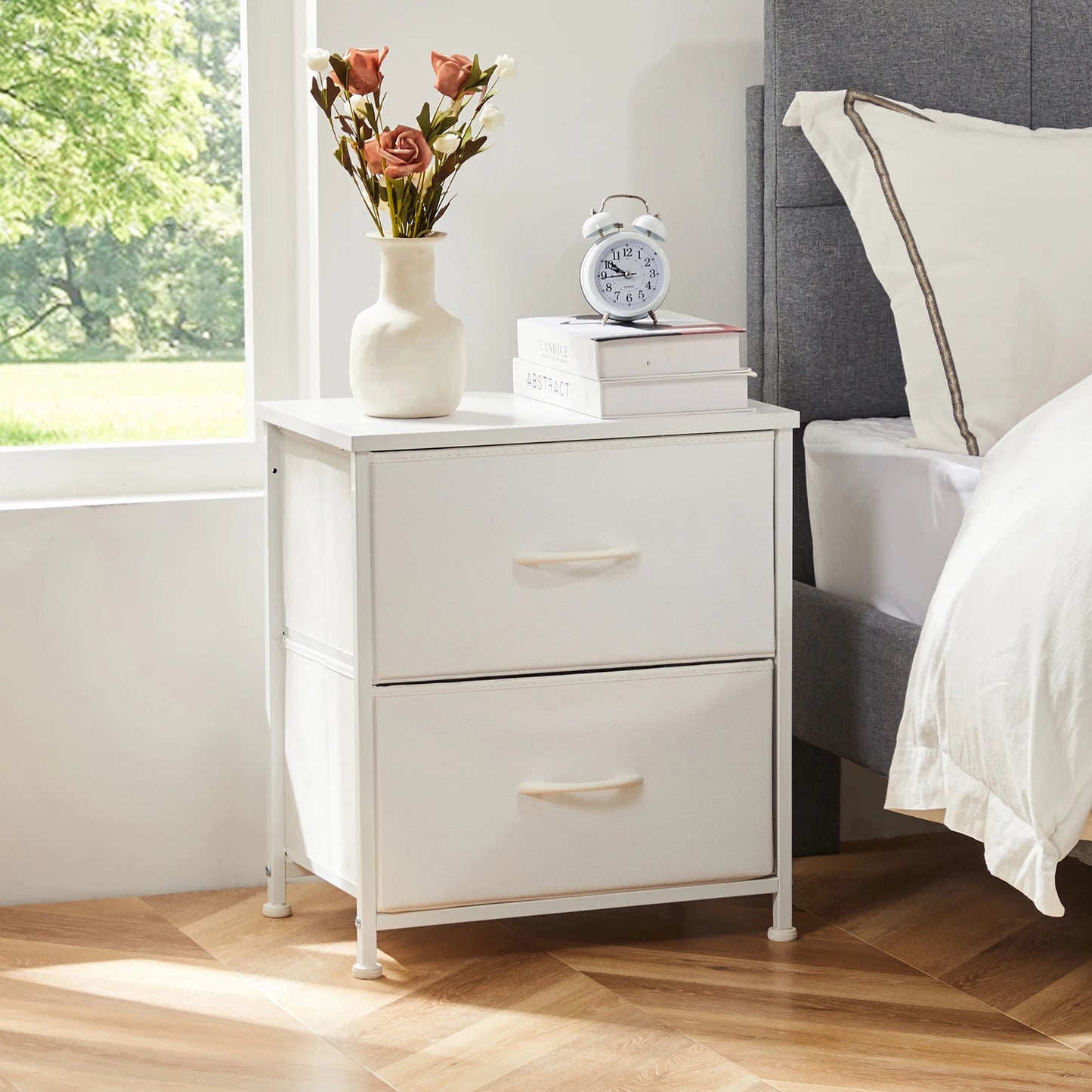 Modern Minimalist Nightstand with 2 Fabric Drawers – Lightweight &amp; Durable