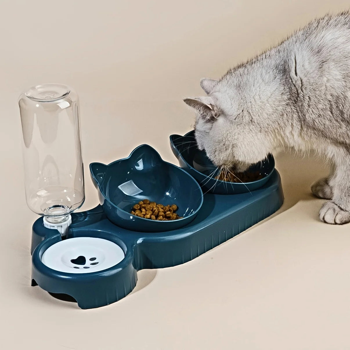 Cat Food Bowl with Water Dispenser – Rounded Plastic Feeder for Cats
