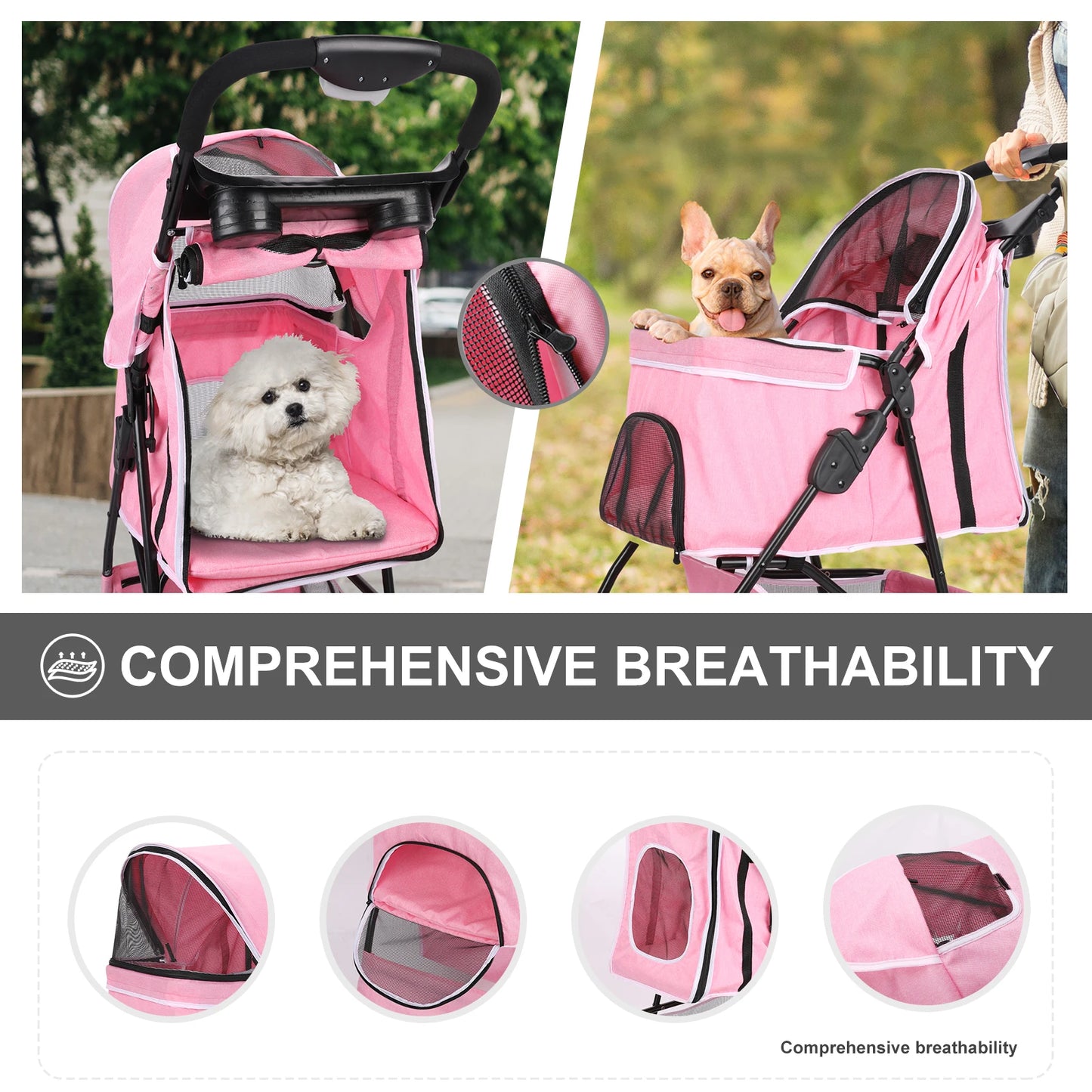 Foldable Pet Stroller – Pink 4-Wheel Dog &amp; Cat Carrier
