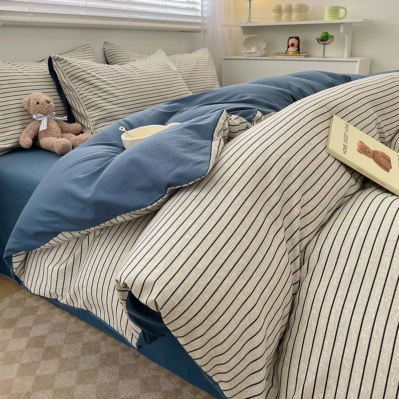 Soft Cotton Duvet Cover Set with Flat Sheet &amp; Pillowcases – 3/4 Piece Bedding Set