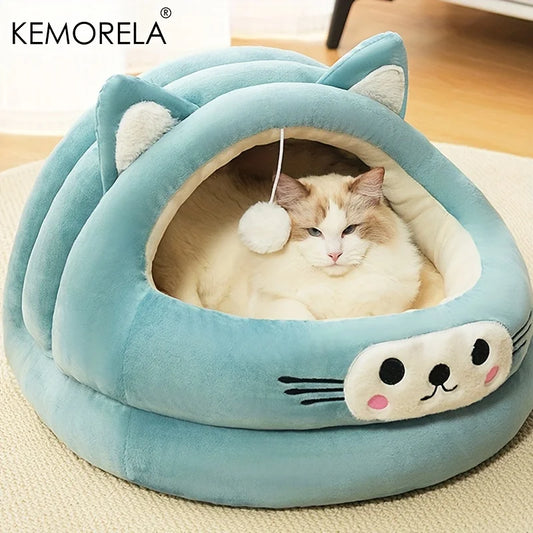 Semi-Enclosed Cat Bed with Ears – All-Season Comfort Nest