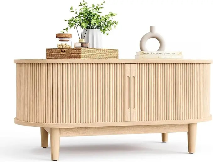 Mid-Century Modern Oval Coffee Table with Sliding Tambour Door – Natural Oak Finish