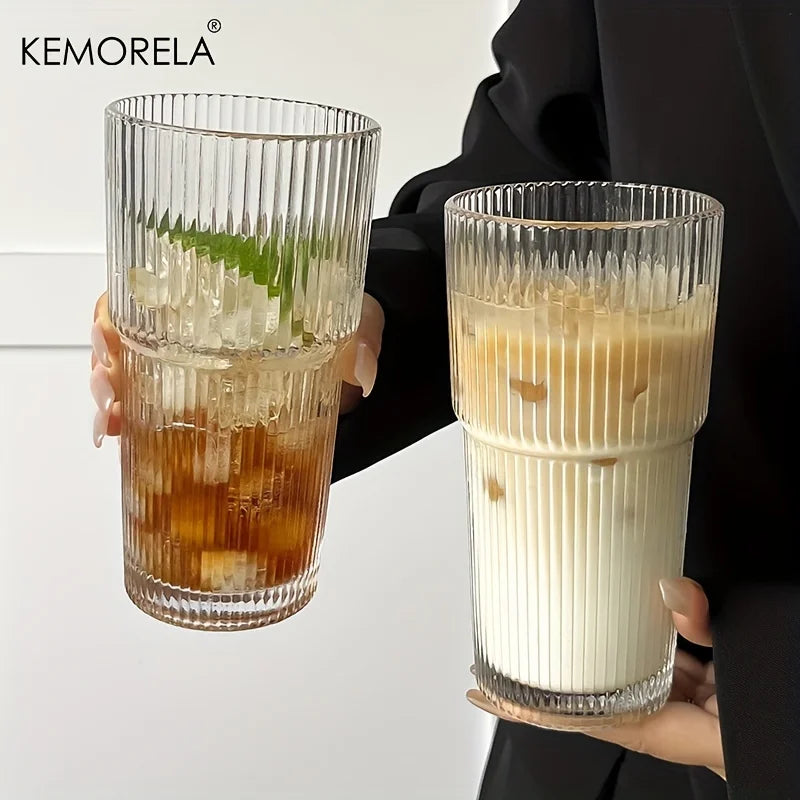 20 oz Transparent Stripe Glass Cup with Optional Lid &amp; Straw