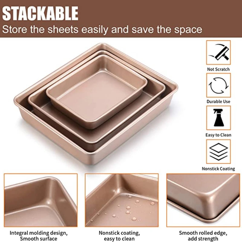 Nordic Gold Carbon Steel Baking Tray Set – 3 Piece Non-Stick Sheet Pan Set