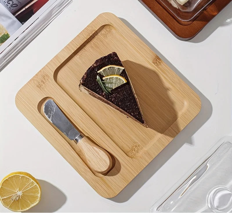 Wood Butter Dish with Glass Lid &amp; Knife