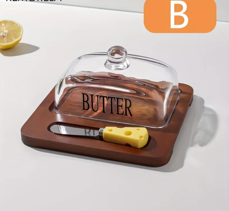 Wood Butter Dish with Glass Lid &amp; Knife
