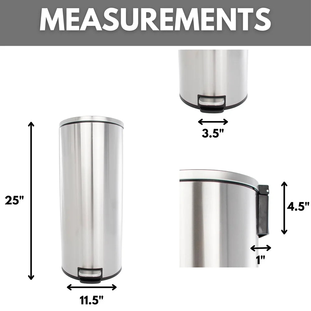 7.9 Gallon Stainless Steel Step Trash Can – Soft Close, Hands-Free Design