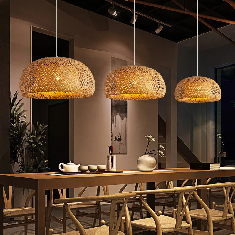 Handwoven Bamboo &amp; Wood Pendant Light – E27 Hanging Fixture