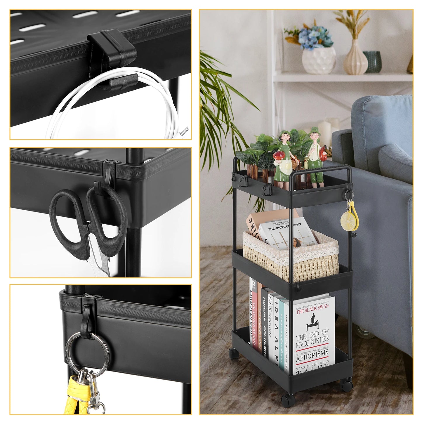 2-Piece Slim and Wide 3-Tier Rolling Utility Cart Set – Black