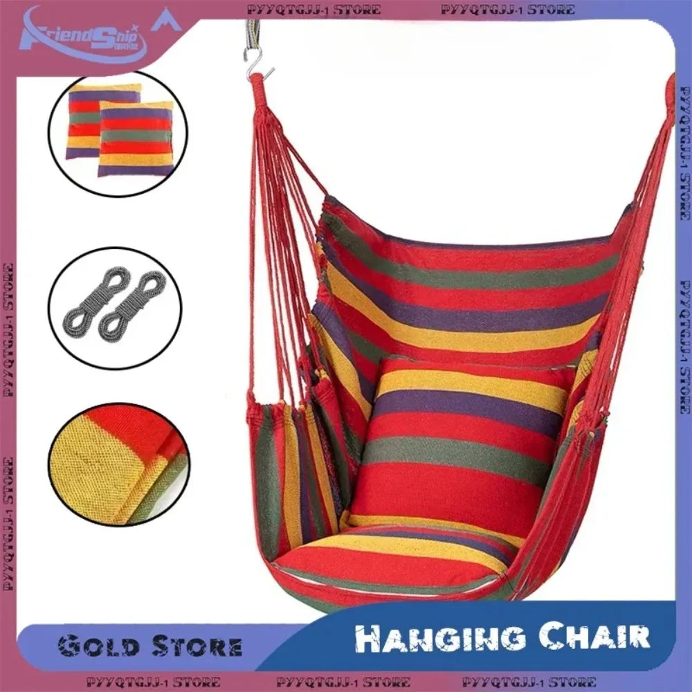 Heavy-Duty Canvas Hammock Chair – Single-Person Striped Swing with Storage Bag