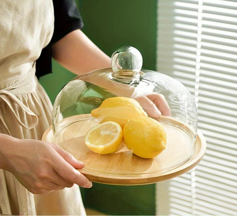 Bamboo Cake Stand with Glass Dome Lid – Round Dessert Display Tray