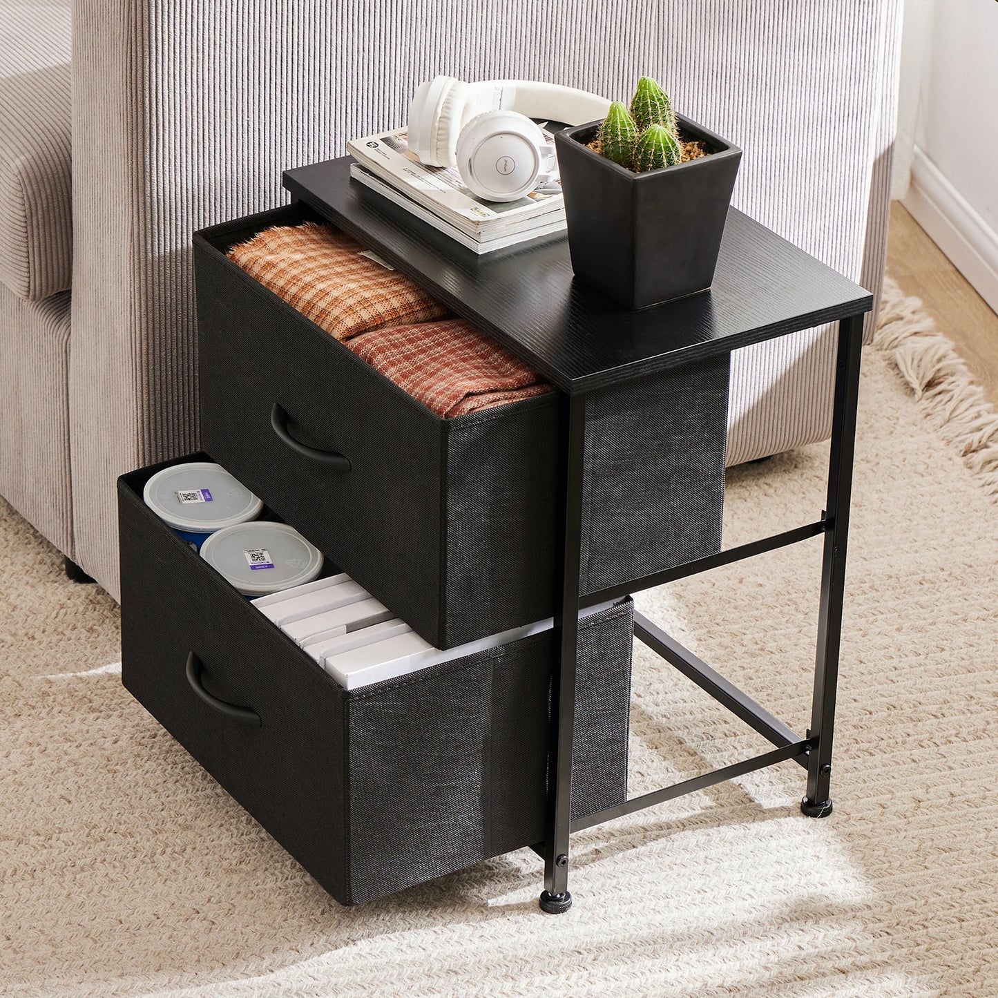 Modern Minimalist Nightstand with 2 Fabric Drawers – Lightweight &amp; Durable