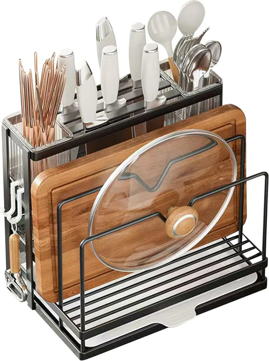 Multi-Tier Metal Kitchen Countertop Organizer Rack with Cutting Board & Utensil Holder