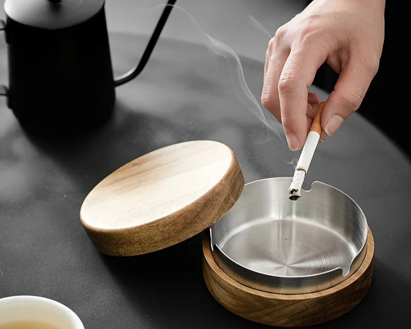Acacia Wood Desktop Ashtray with Lid