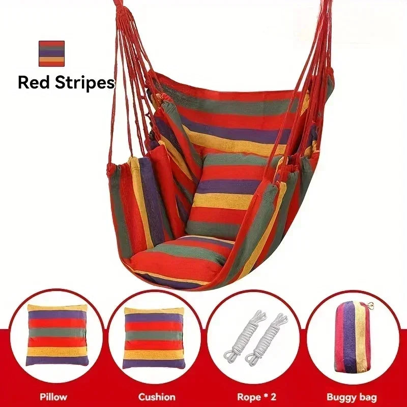 Heavy-Duty Canvas Hammock Chair – Single-Person Striped Swing with Storage Bag