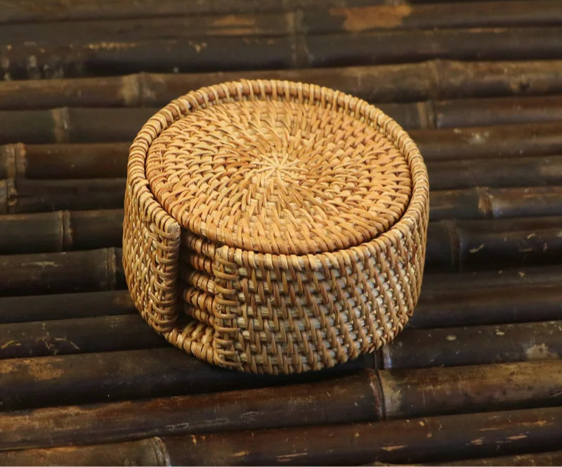Rattan Woven Drink Coasters – 3 or 6 Piece Heat-Resistant Mat Set (3.1”)