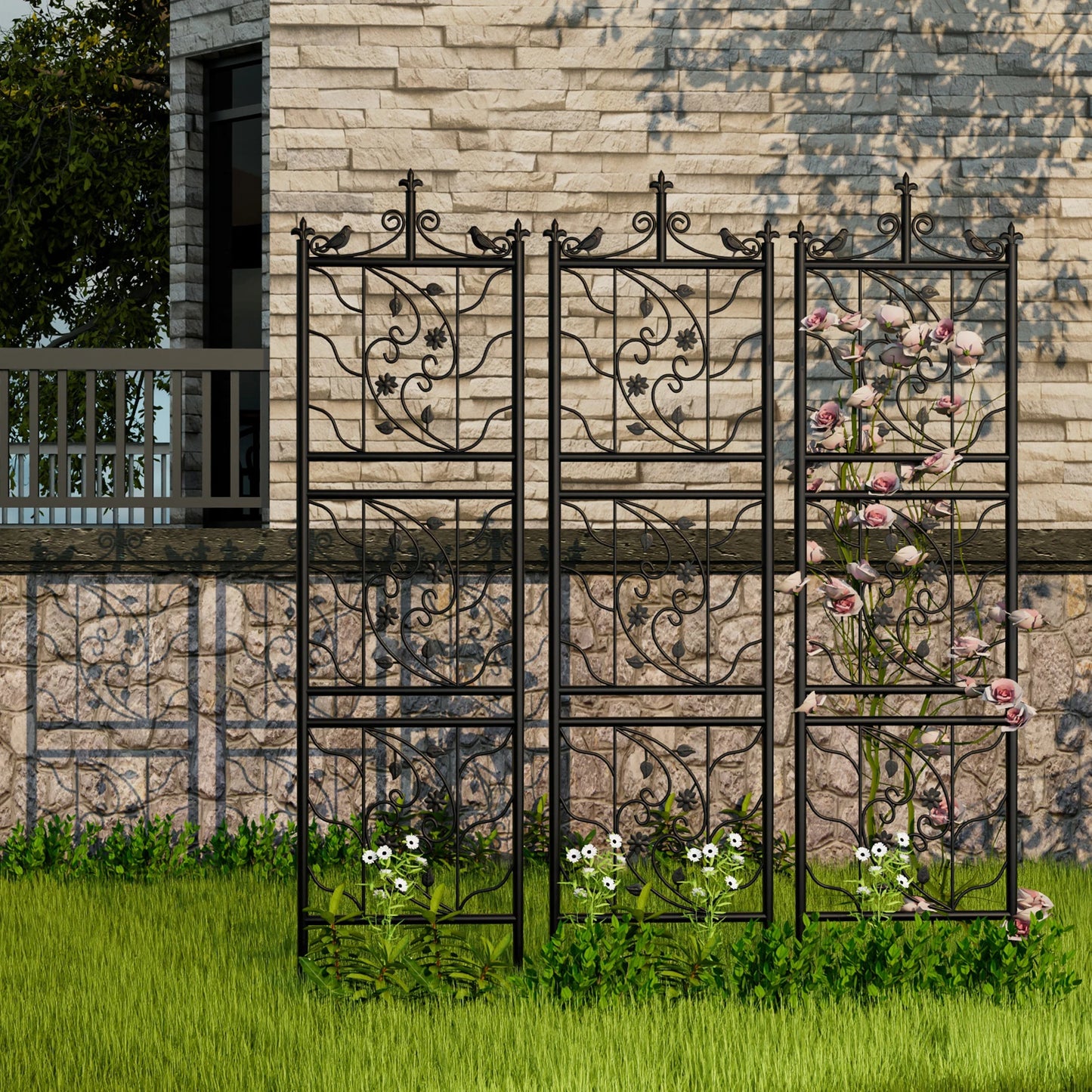Decorative Metal Garden Trellis – Black Iron Climbing Plant Support with 6 Panels