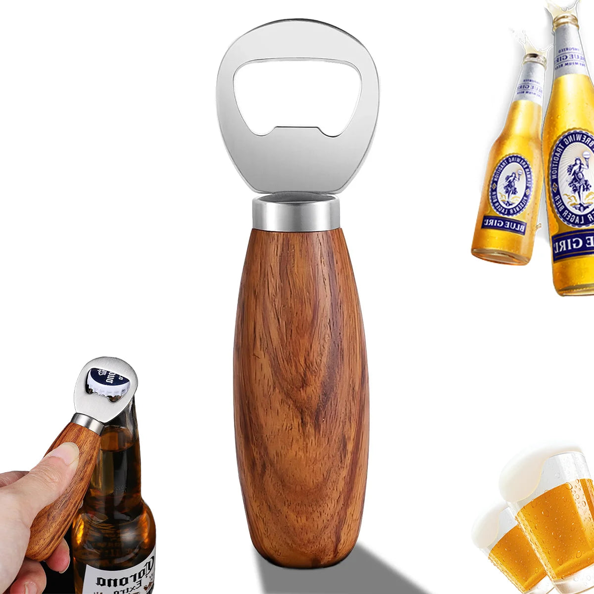 Wood Handle Stainless Steel Bottle Opener – Durable &amp; Easy to Use