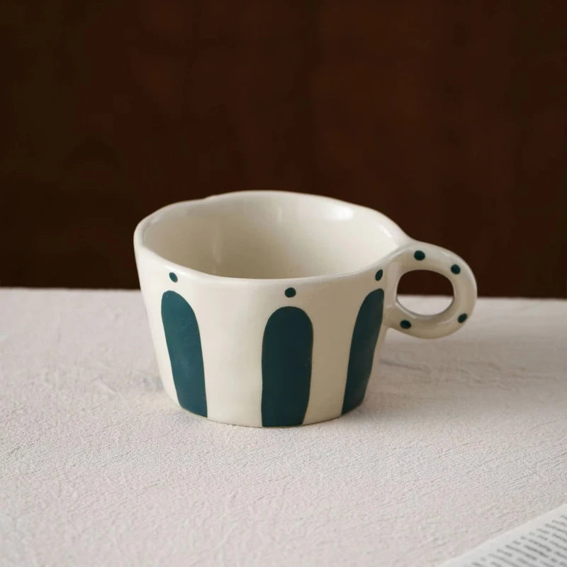 Striped Ceramic Coffee Mug – Vintage Handgrip Latte &amp; Tea Cup (Single Piece)