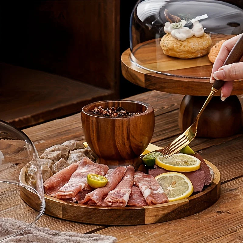 Acacia Wood Cake Stand – Round Display Tray with Optional Glass Cover