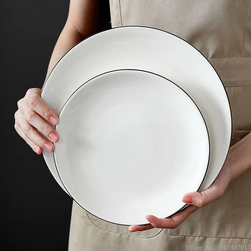 White Ceramic Plate with Black Rim – Minimalist Round Design
