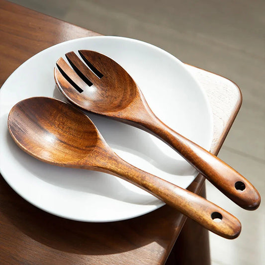 2Pcs Wooden Large Spoon Fork Cutlery Set