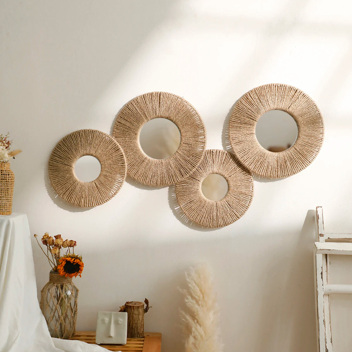 Boho Round Wall Mirror with Woven Hemp Rope – Rustic &amp; Natural Decor
