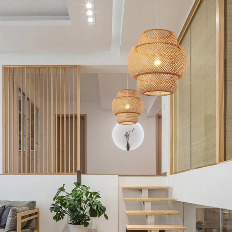 Handwoven Bamboo &amp; Wood Pendant Light – E27 Hanging Fixture