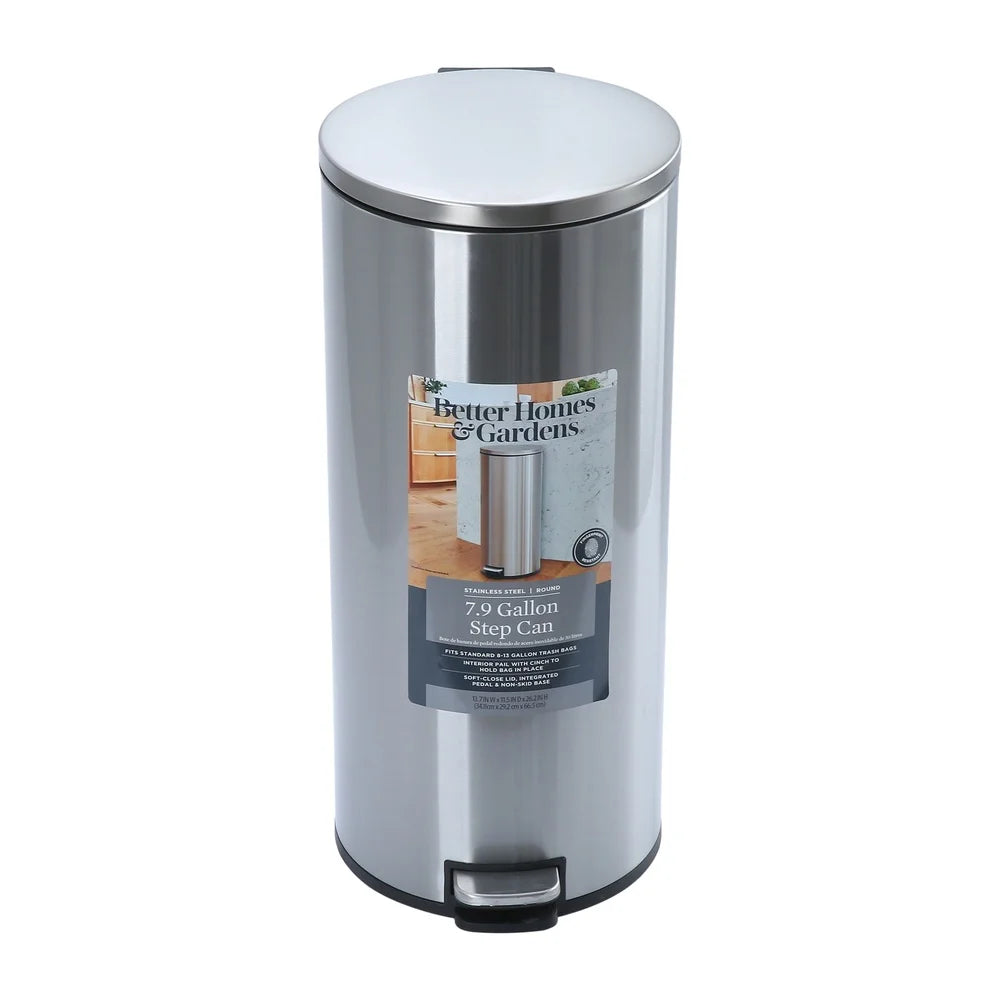 7.9 Gallon Stainless Steel Step Trash Can – Soft Close, Hands-Free Design
