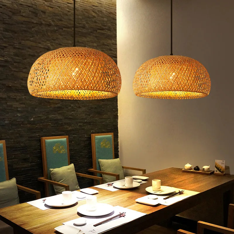 Handwoven Bamboo &amp; Wood Pendant Light – E27 Hanging Fixture