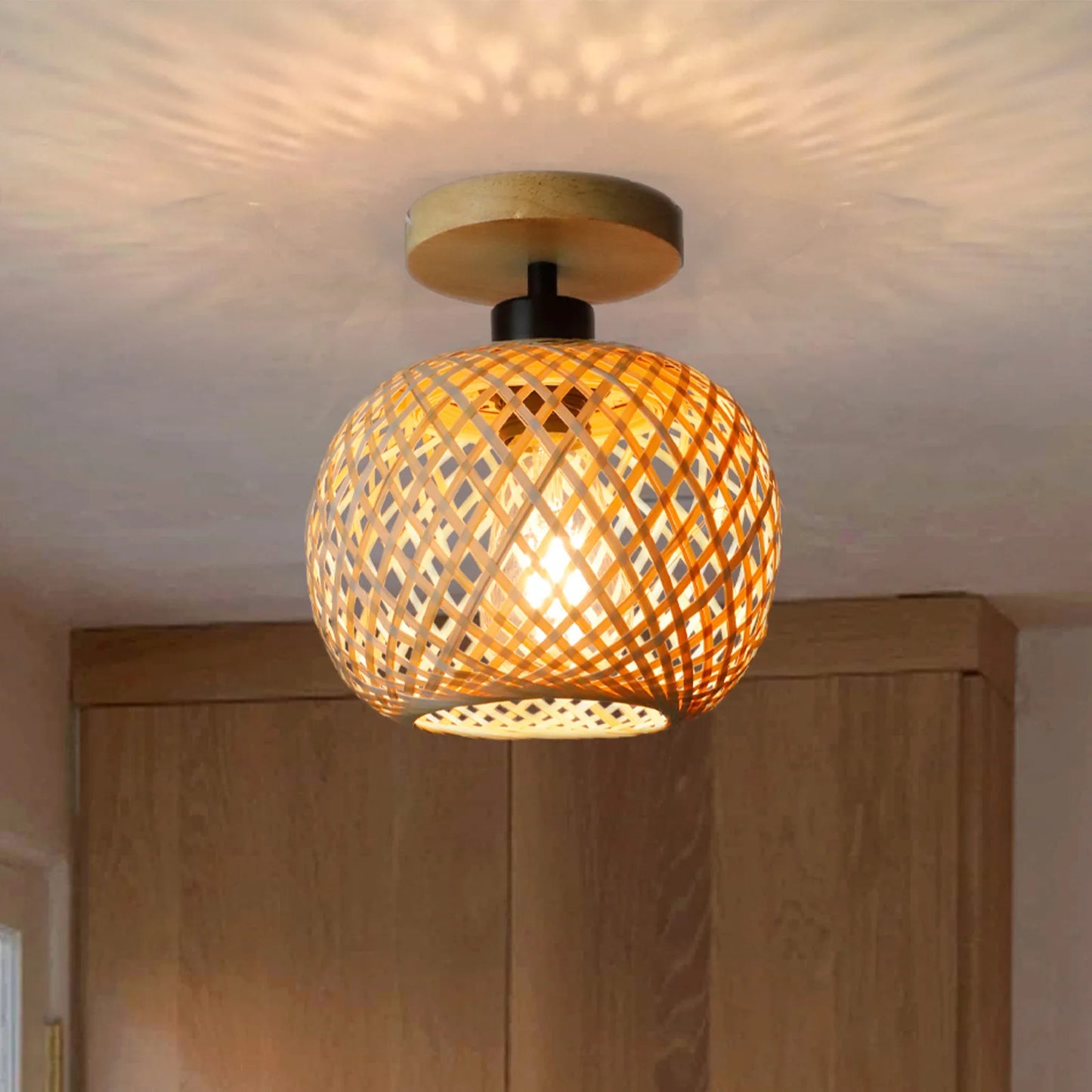 Retro Woven Bamboo Ceiling Light – E27 Vintage Flush Mount Fixture
