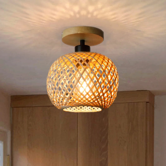 Retro Woven Bamboo Ceiling Light – E27 Vintage Flush Mount Fixture