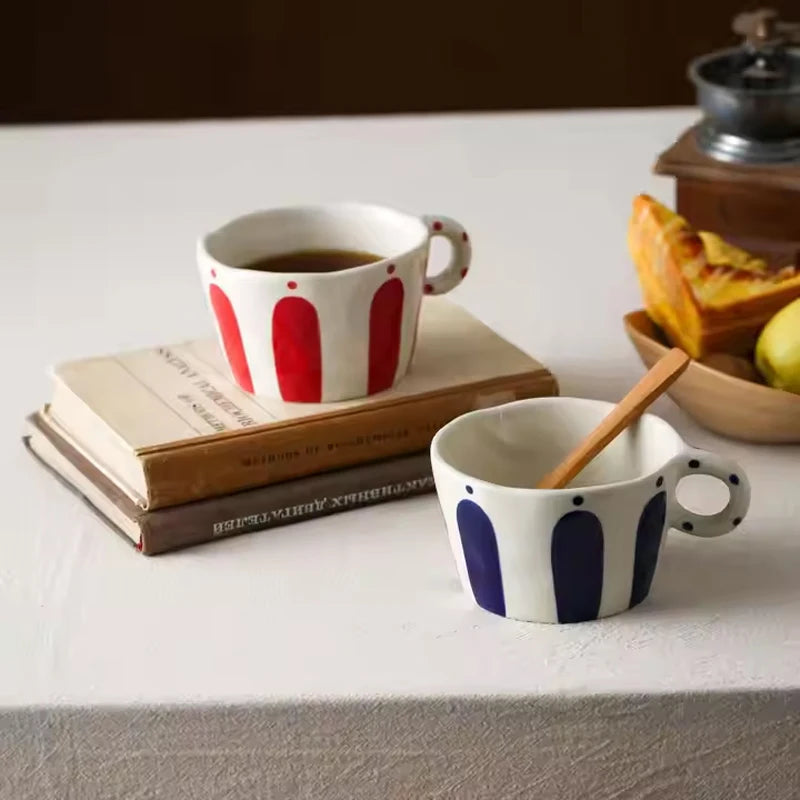 Striped Ceramic Coffee Mug – Vintage Handgrip Latte &amp; Tea Cup (Single Piece)