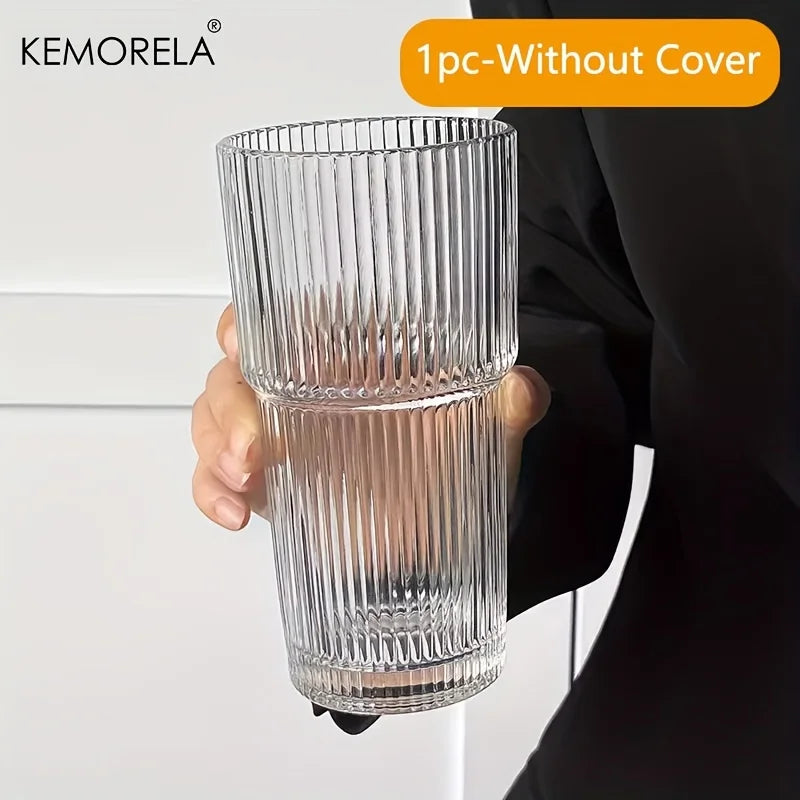 20 oz Transparent Stripe Glass Cup with Optional Lid &amp; Straw