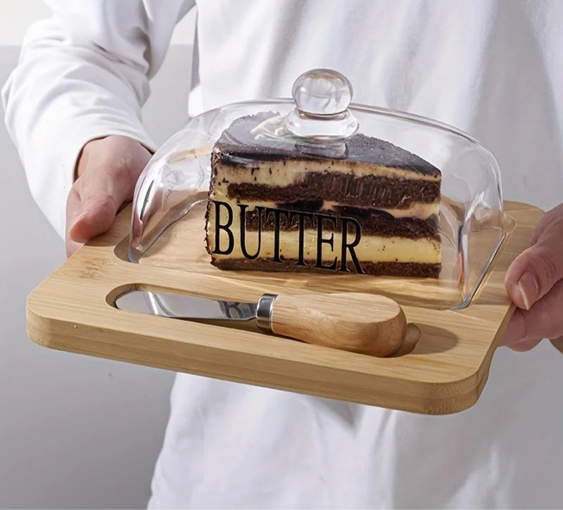 Wood Butter Dish with Glass Lid &amp; Knife