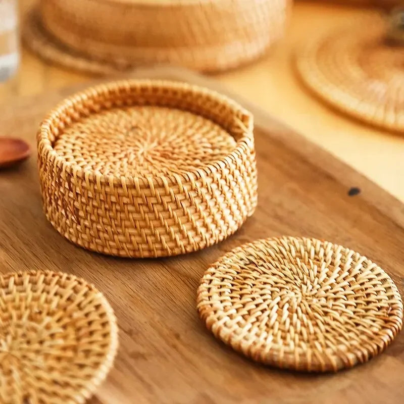 Rattan Woven Drink Coasters – 3 or 6 Piece Heat-Resistant Mat Set (3.1”)