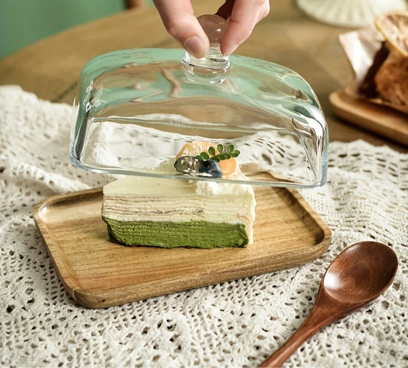 Glass Dome Dessert Plate with Wooden Base