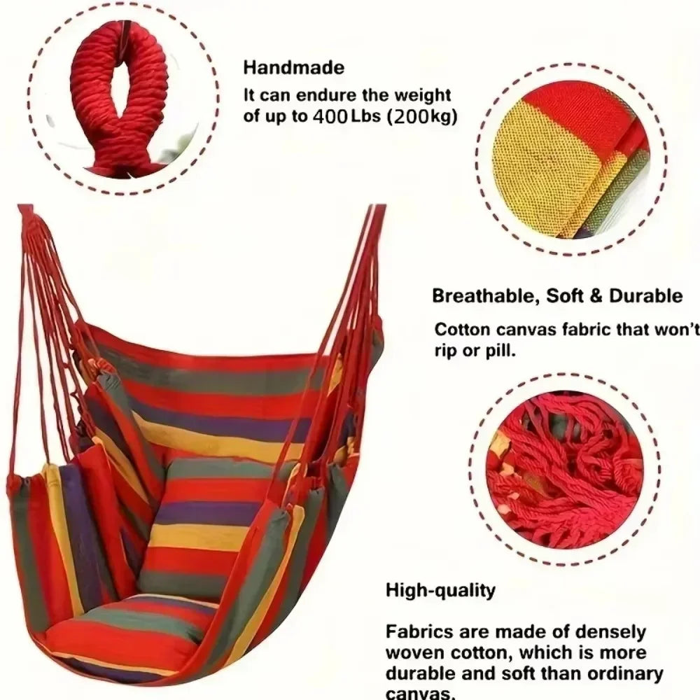 Heavy-Duty Canvas Hammock Chair – Single-Person Striped Swing with Storage Bag