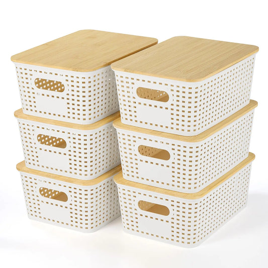Stackable Plastic Storage Bins with Bamboo Lids