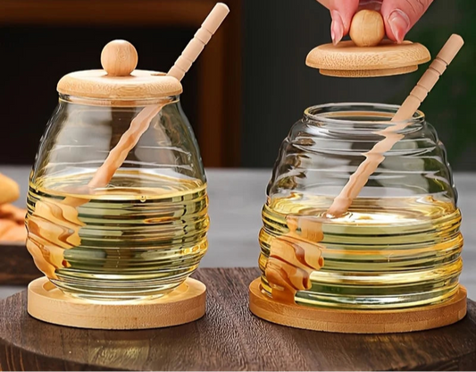Glass Honeycomb Honey Jar with Dipper &amp; Lid – 13.5 fl oz Capacity