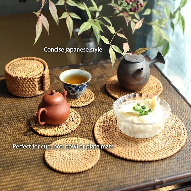 Rattan Woven Drink Coasters – 3 or 6 Piece Heat-Resistant Mat Set (3.1”)