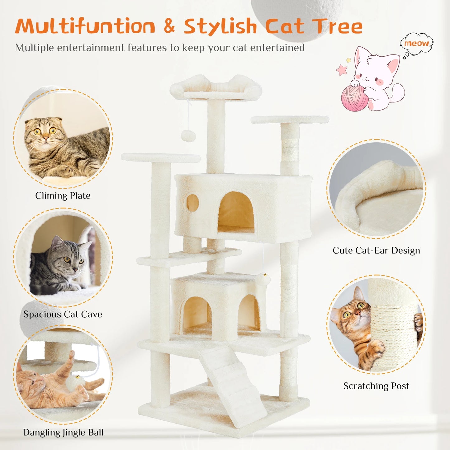 4-Tier Wooden Cat Tree with Sisal Scratching Posts &amp; Cozy Condos