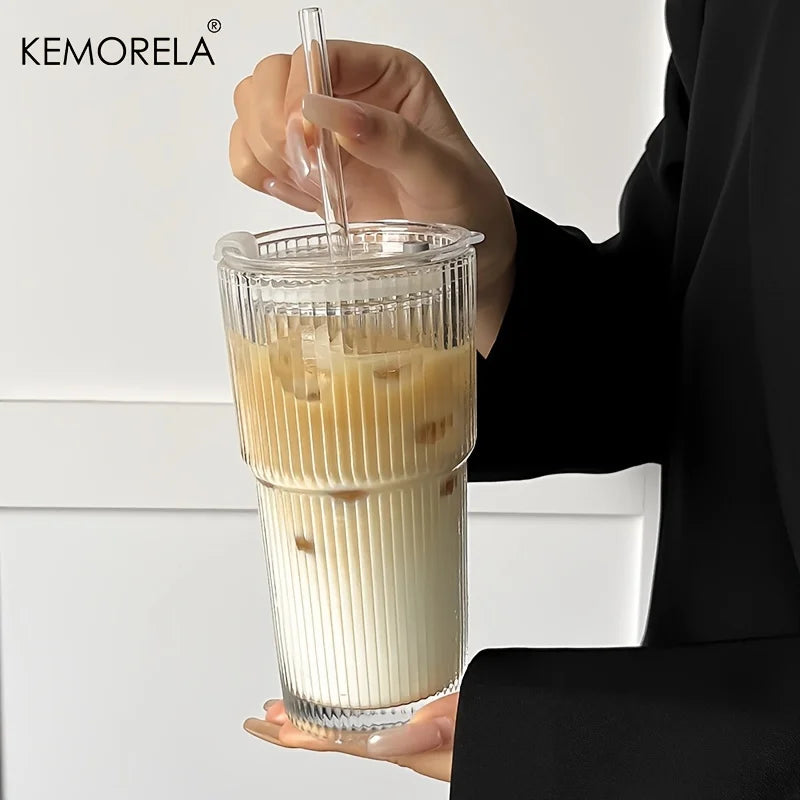 20 oz Transparent Stripe Glass Cup with Optional Lid &amp; Straw